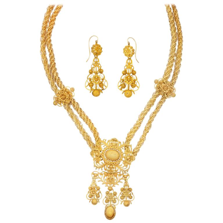Georgian Cannetille Work Gold Necklace Earrings Set For Sale at 1stdibs