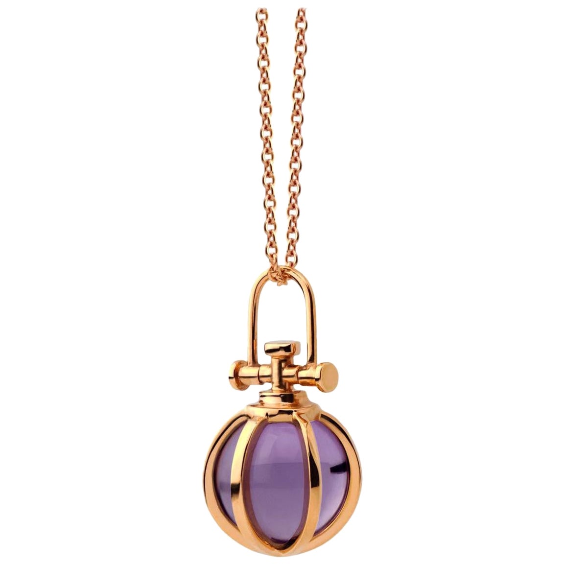 Modern Sacred 18 Karat Gold Crystal Orb Amulet Necklace with Natural Amethyst For Sale