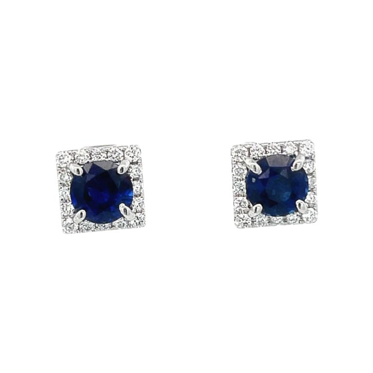 Blue Round Sapphire 2.25CT & White Round Diamonds 0.51CT 18KW Studs Earrings For Sale