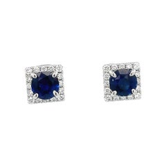 Blue Round Sapphire 2.25CT & White Round Diamonds 0.51CT 18KW Studs Earrings
