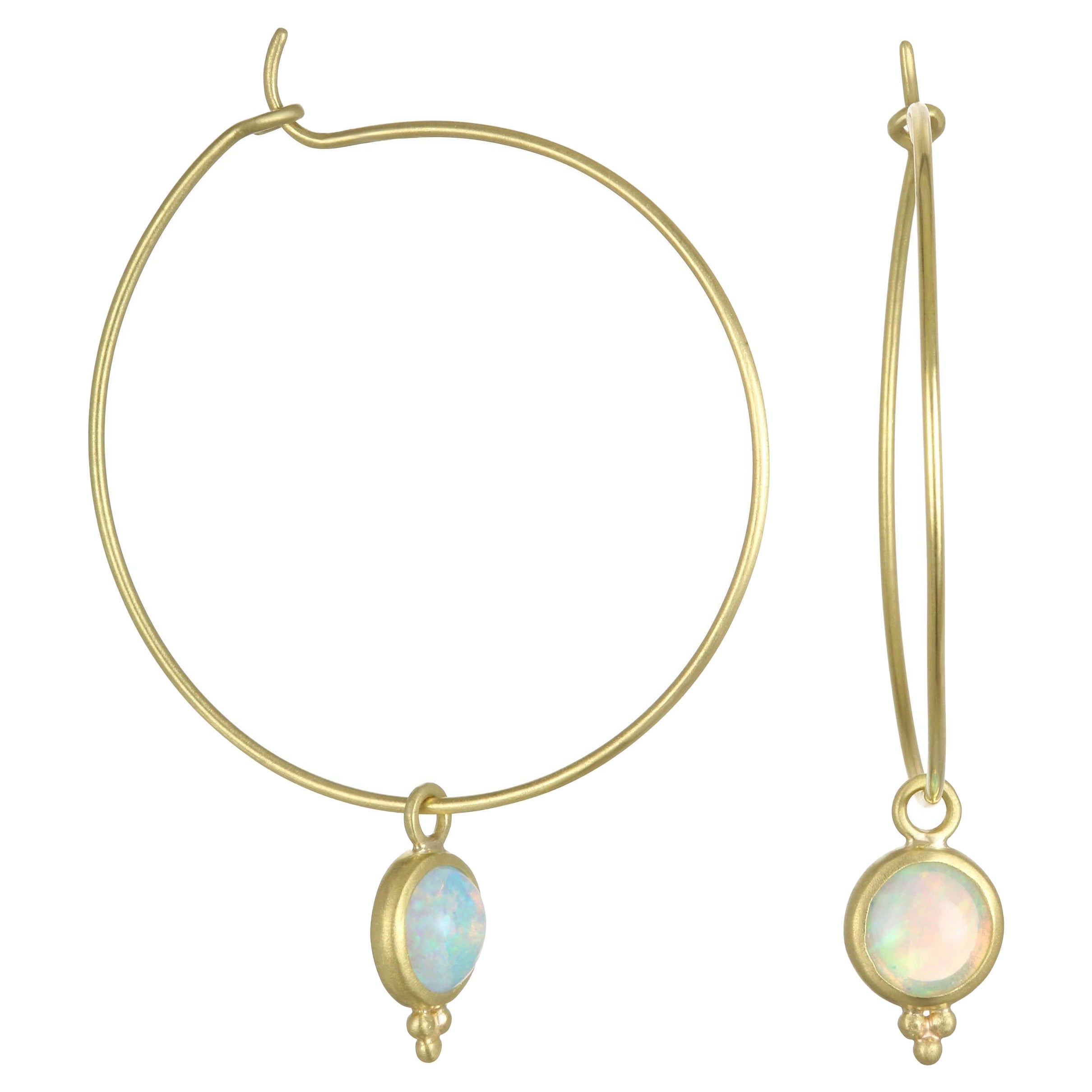 Faye Kim 18 Karat Gold Wire Hoops with Removable Australian Crystal Opal Drops For Sale