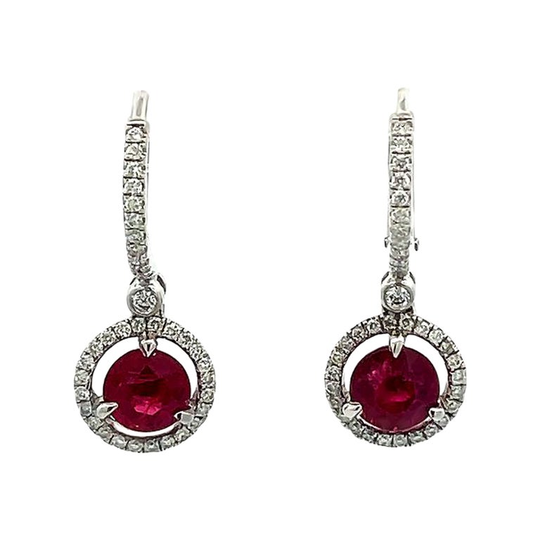 Ruby 2.63CT Round Diamond 0.31CT Dangle Earrings in 18K White Gold GIA For Sale
