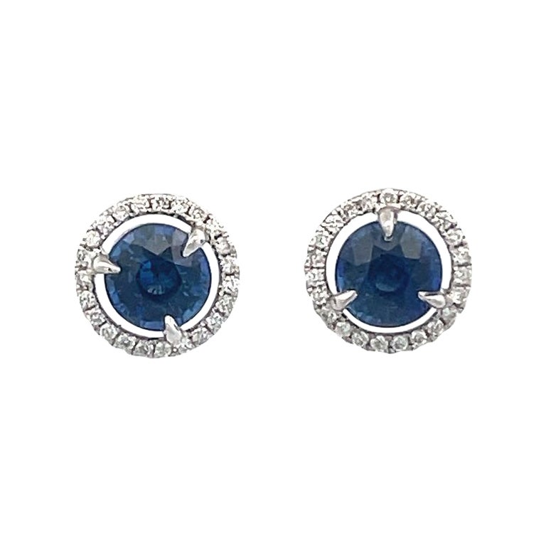 Blue Round Sapphire 2.15CT & White Round Diamonds 0.20CT 14KW Studs Earrings For Sale