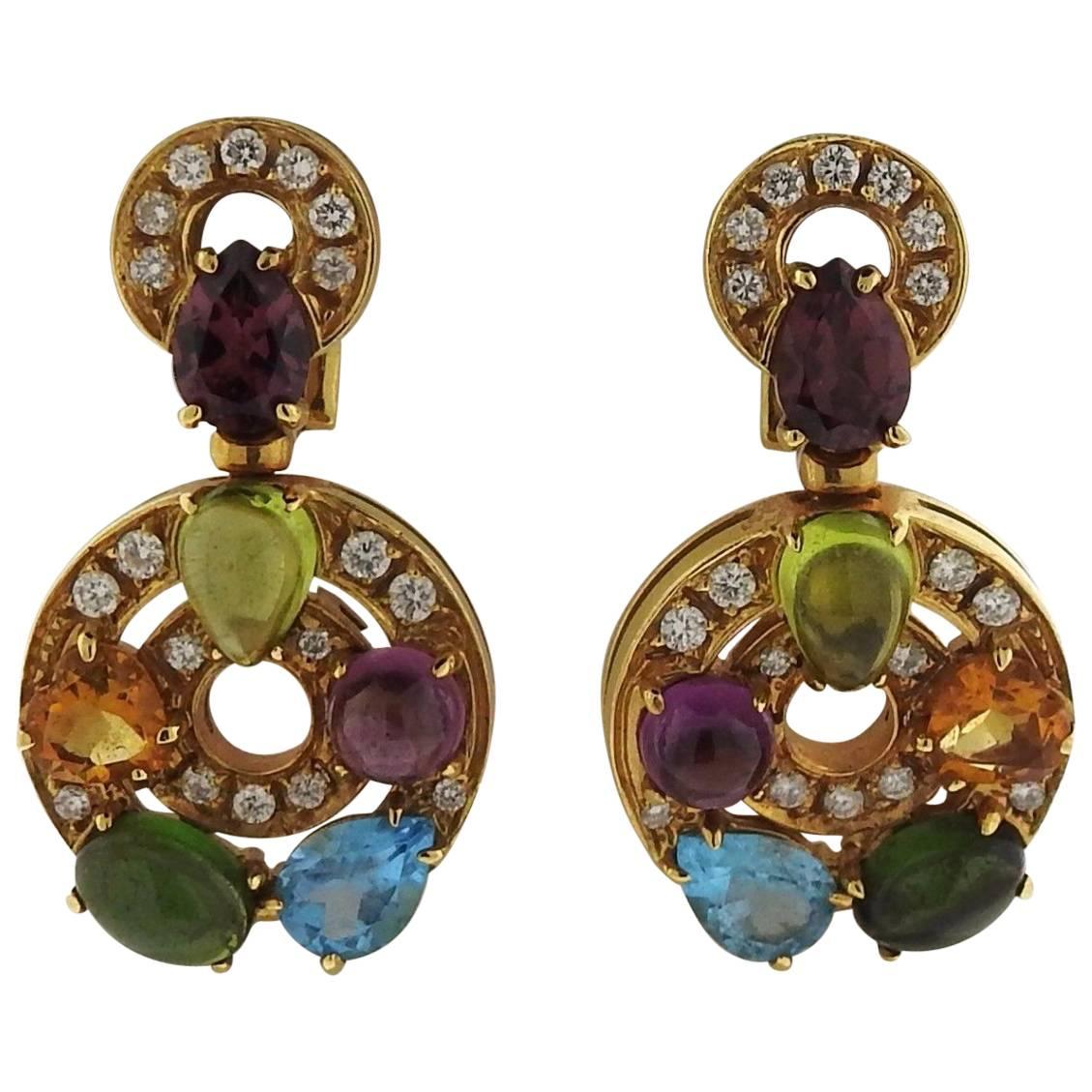 Bulgari Astrale Multi Gemstone Diamond Gold Earrings