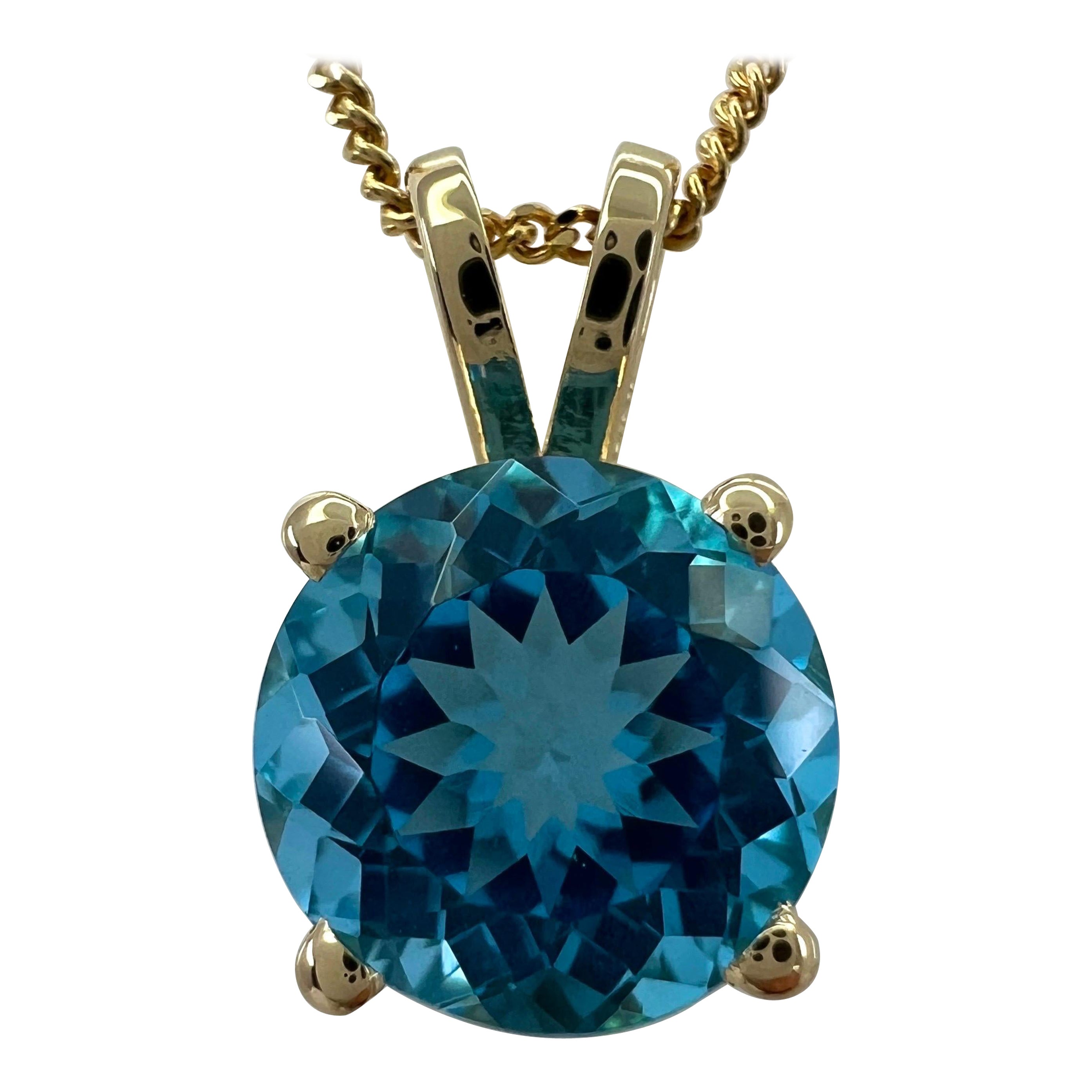 Fine Swiss Blue Topaz 3.32ct Round Cut Yellow Gold Solitaire Pendant Necklace