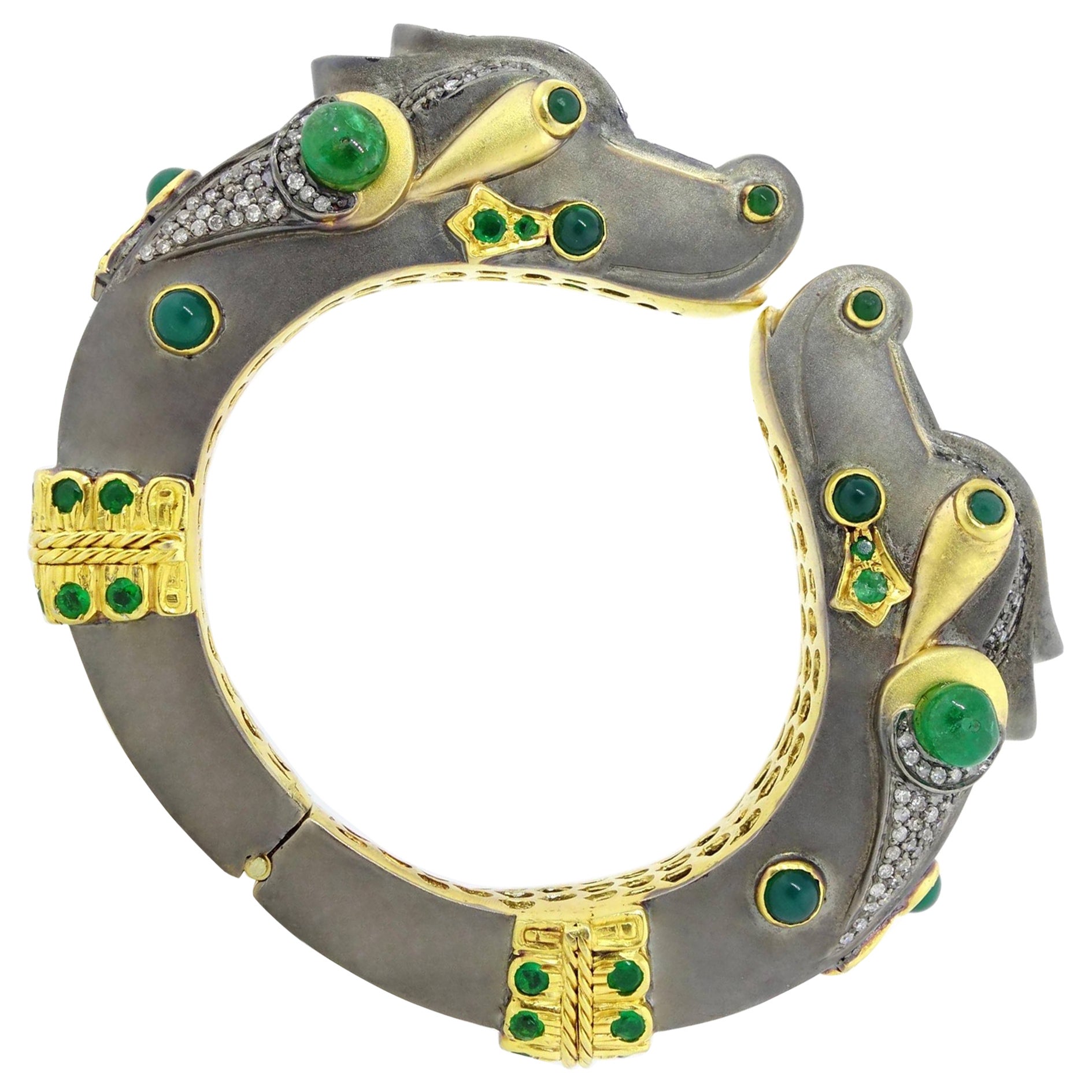 Emerald Mix Dragon Bracelet in 14k Yellow Gold and Silver For Sale