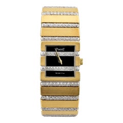 Elegant Piaget Polo 18k Gold & Black Diamond Dial & Diamond Wristwatch 8131
