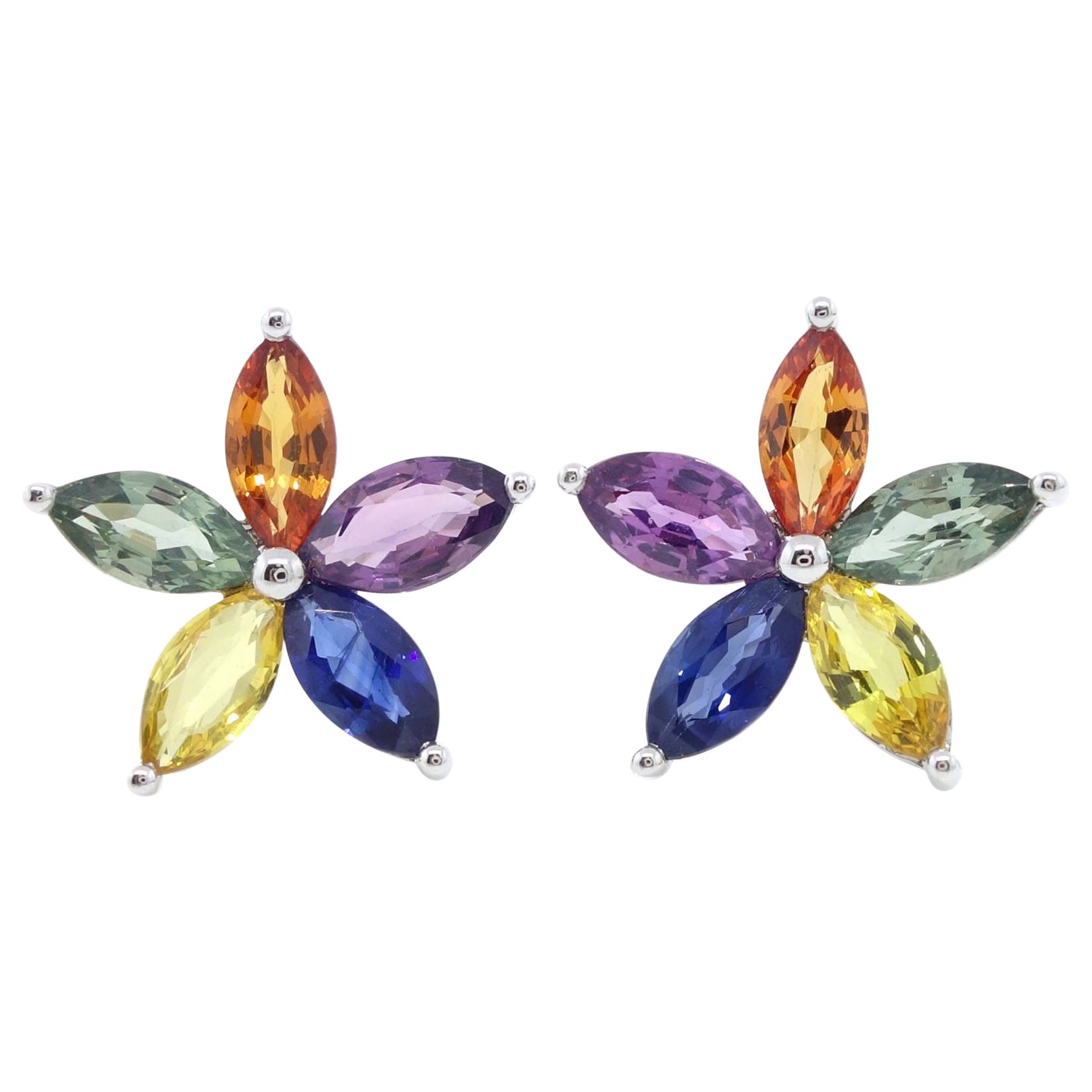 Marquise Sapphires Flower Earrings in 18k White Gold For Sale