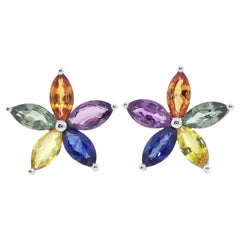Marquise Sapphires Flower Earrings in 18k White Gold