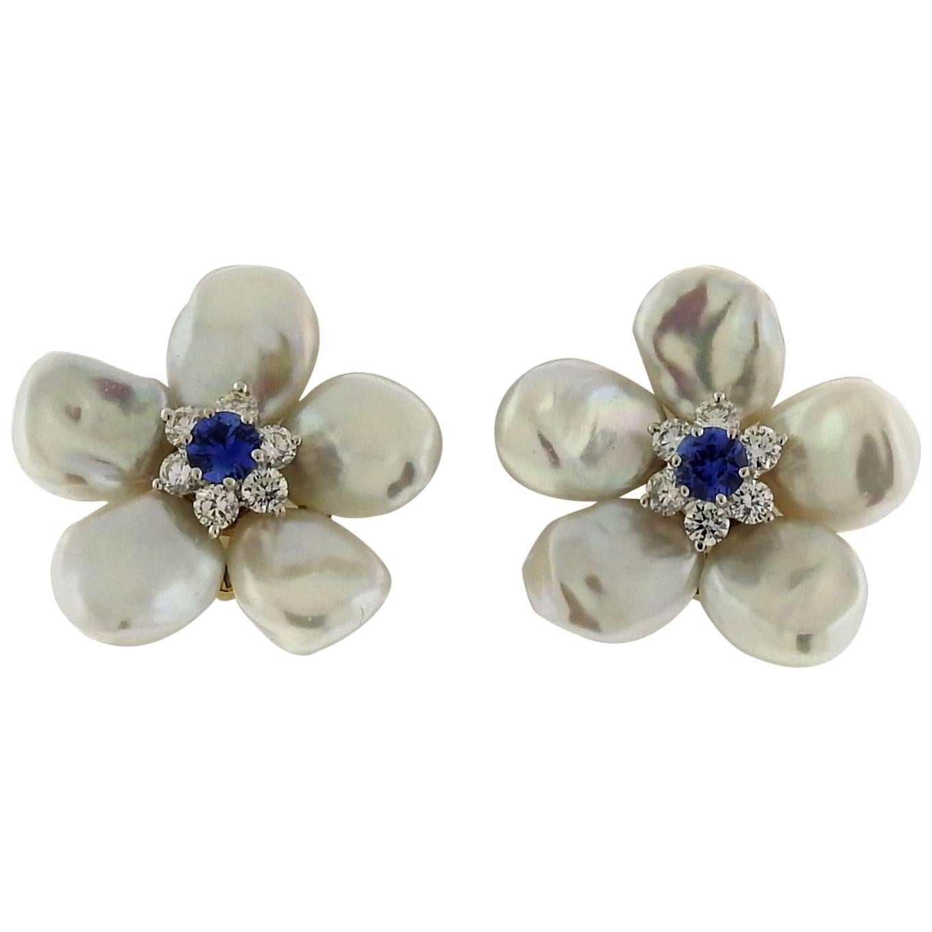 Seaman Schepps Sapphire Diamond Biwa Pearl Gold Flower Earrings