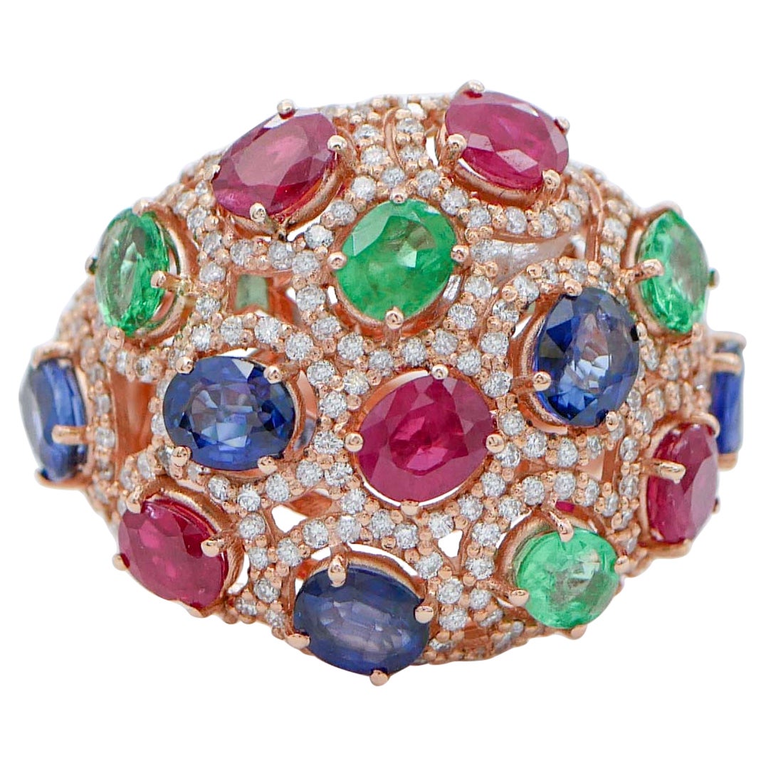 Sapphires, Emeralds, Rubies, Diamonds, 18 Karat Rose Gold Ring For Sale