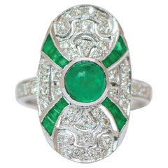 Vintage Emeralds, Diamonds, 18 Karat White Gold Ring