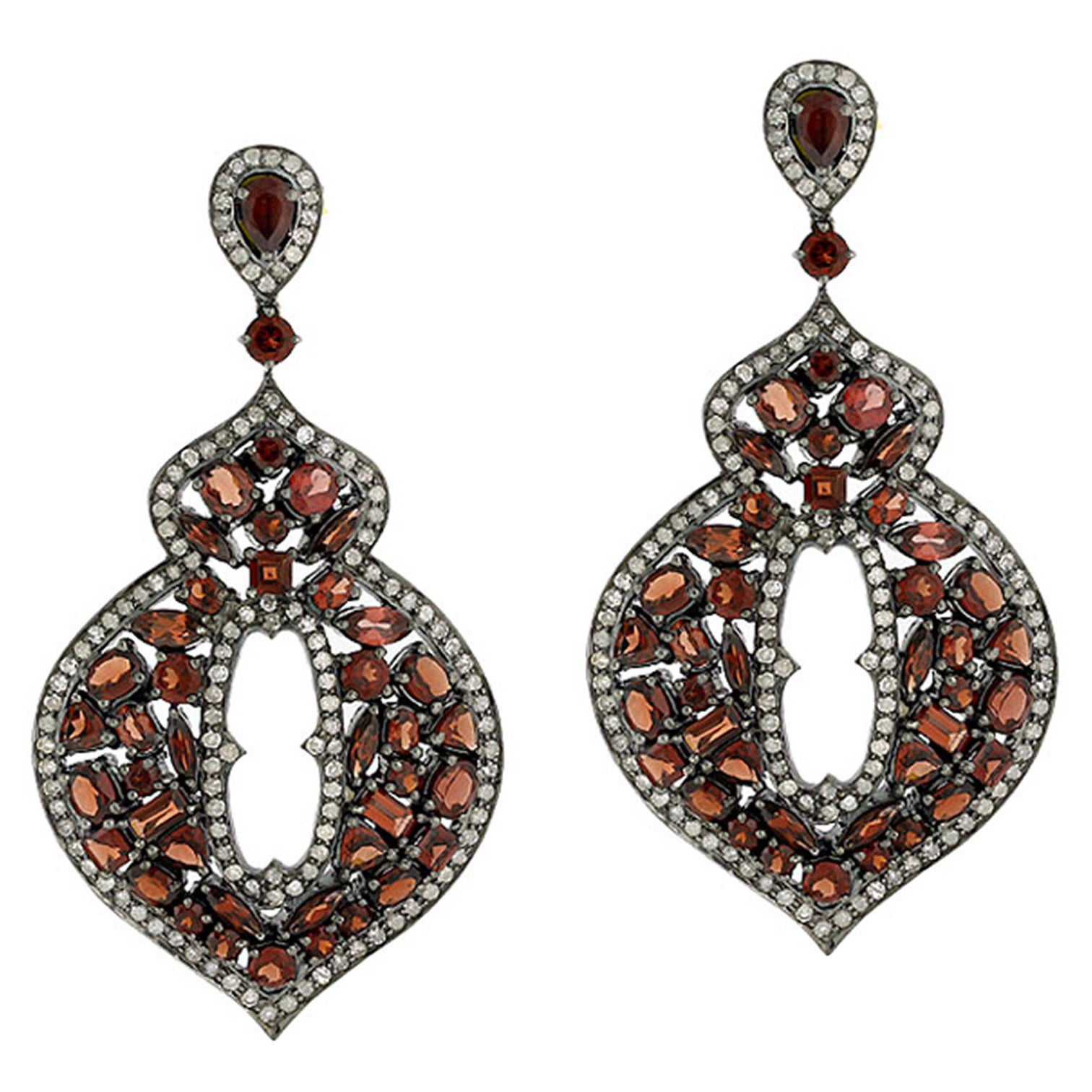Mixed Shaped Red Garnet Earrings Adorned with Diamonds In 18k Gold & Silver For Sale