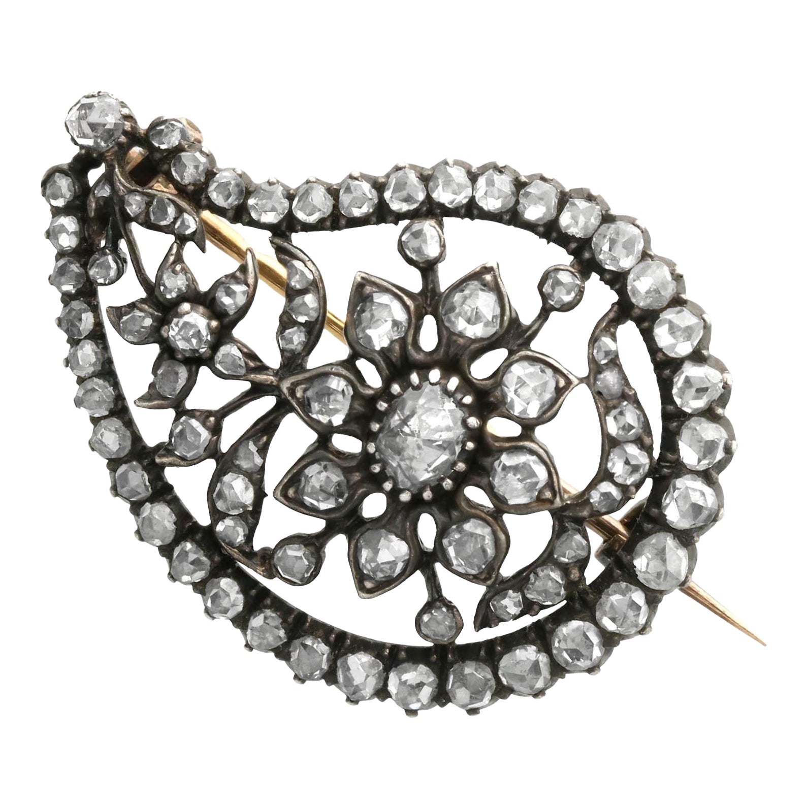 Antique French 2.84 Carat Diamond and 9k Yellow Gold Leaf Brooch