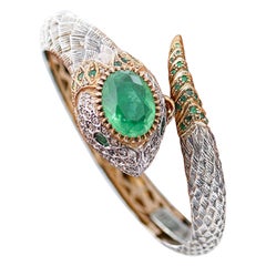 Emeralds, Rock Crystal Hydrothermal Quartz, Diamonds, Gold and Silver Bracelet