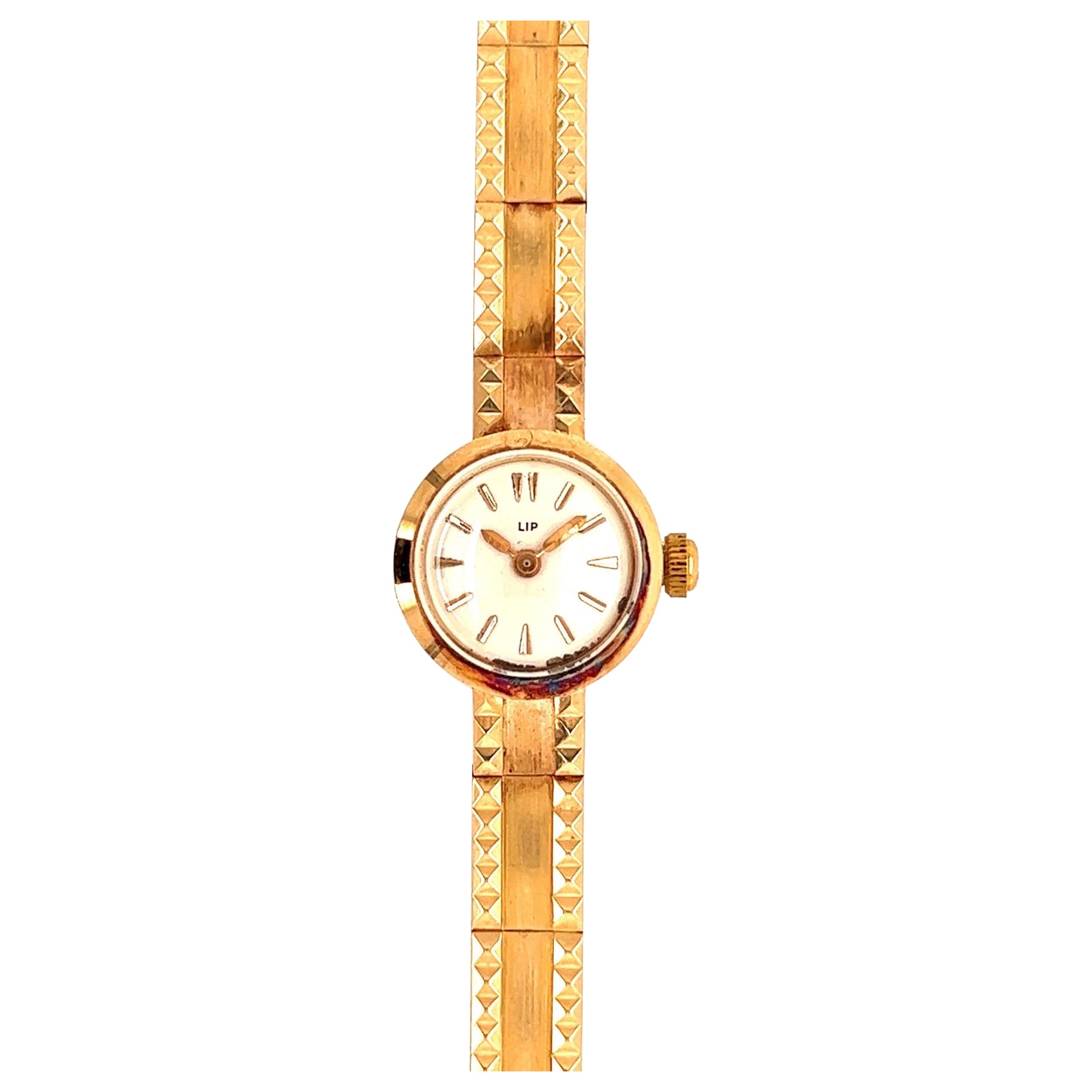 LIP Reloj Vintage de Mujer N.O.S Off Esfera Blanca Oro Amarillo 18 Kilates