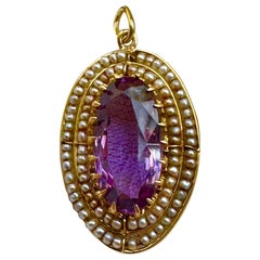 Victorian 2.5 Carat Amethyst Pearl Lavaliere Pendant Necklace Antique 14K Gold