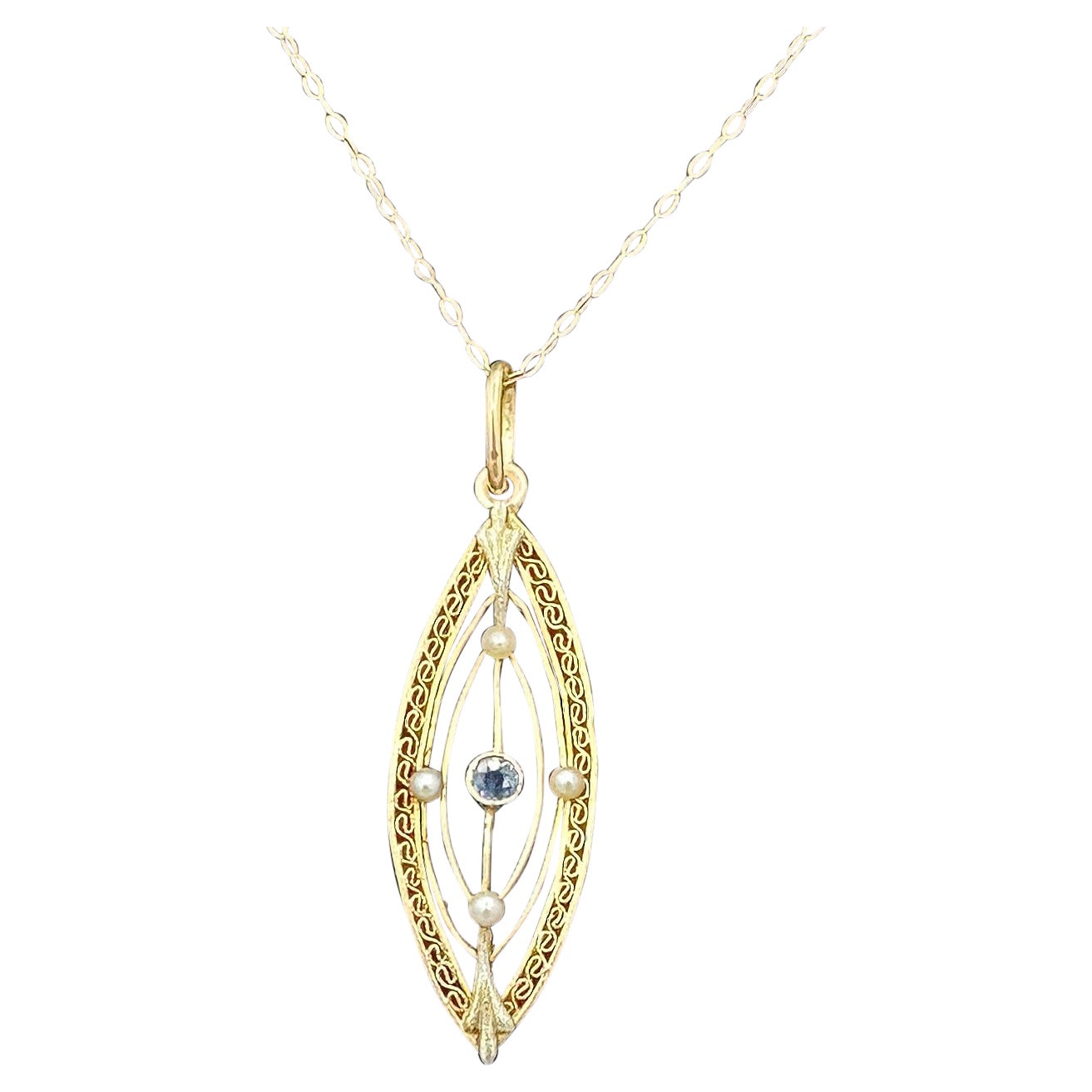 Art Deco Sapphire Pearl Pendant Lavalier Necklace Antique Filigree 14 Karat For Sale