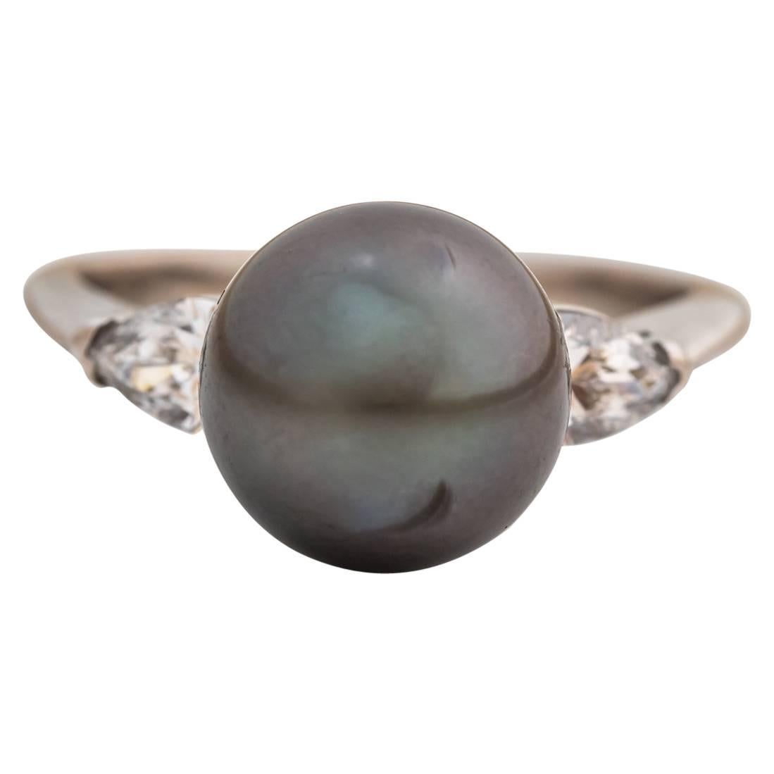 1970s Tahitian South Sea Black Pearl and .5 Carat Pear Shape Diamond Gold Ring For Sale