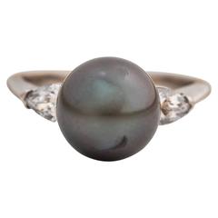 Tahitian South Sea Black Pearl Pear-Shape Diamonds Gold Ring 9