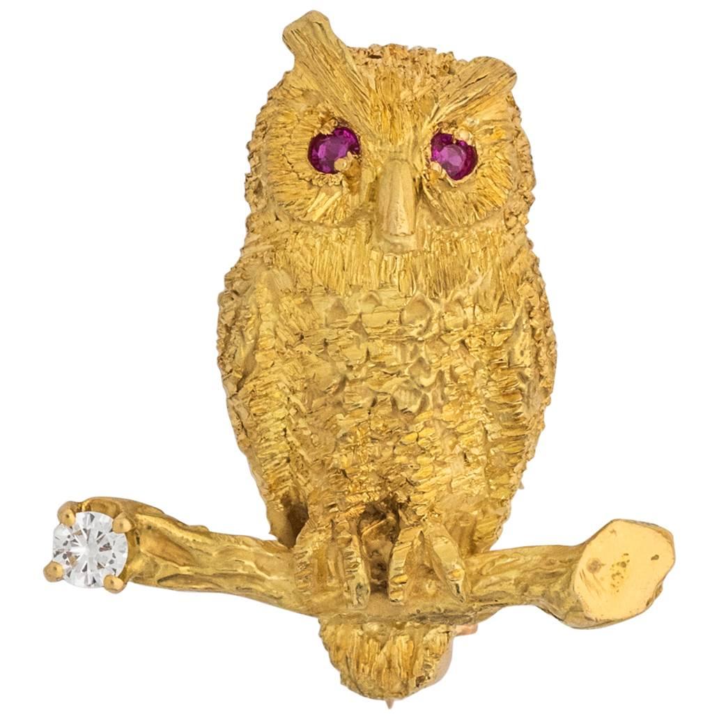 1950s Retro Ruby Diamond Gold Owl Pin