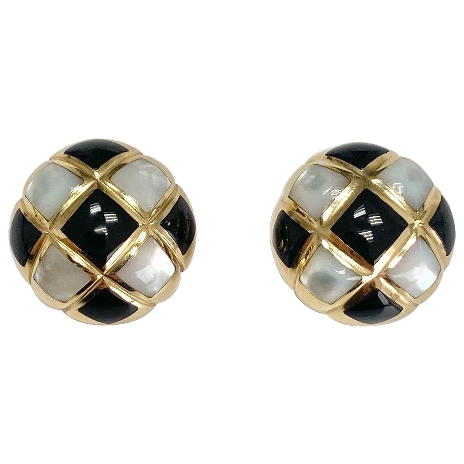 Kabana Round Black Onyx & Mother of Pearl Clip Earrings in 14k Yellow Gold For Sale