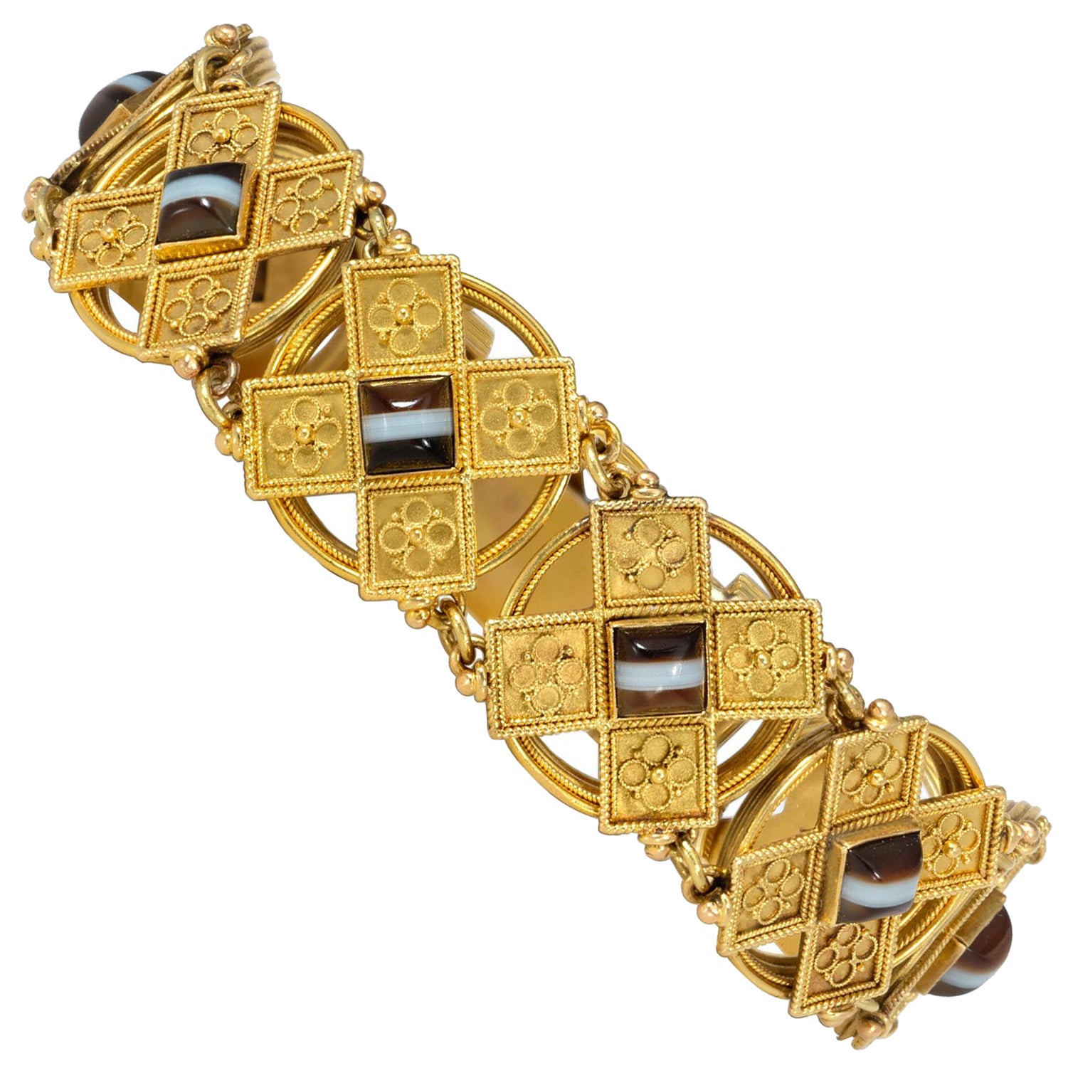 Viktorianisches etruskisches Revival-Armband aus Gold und gebändertem Achat mit X-förmigen Gliedern im Angebot