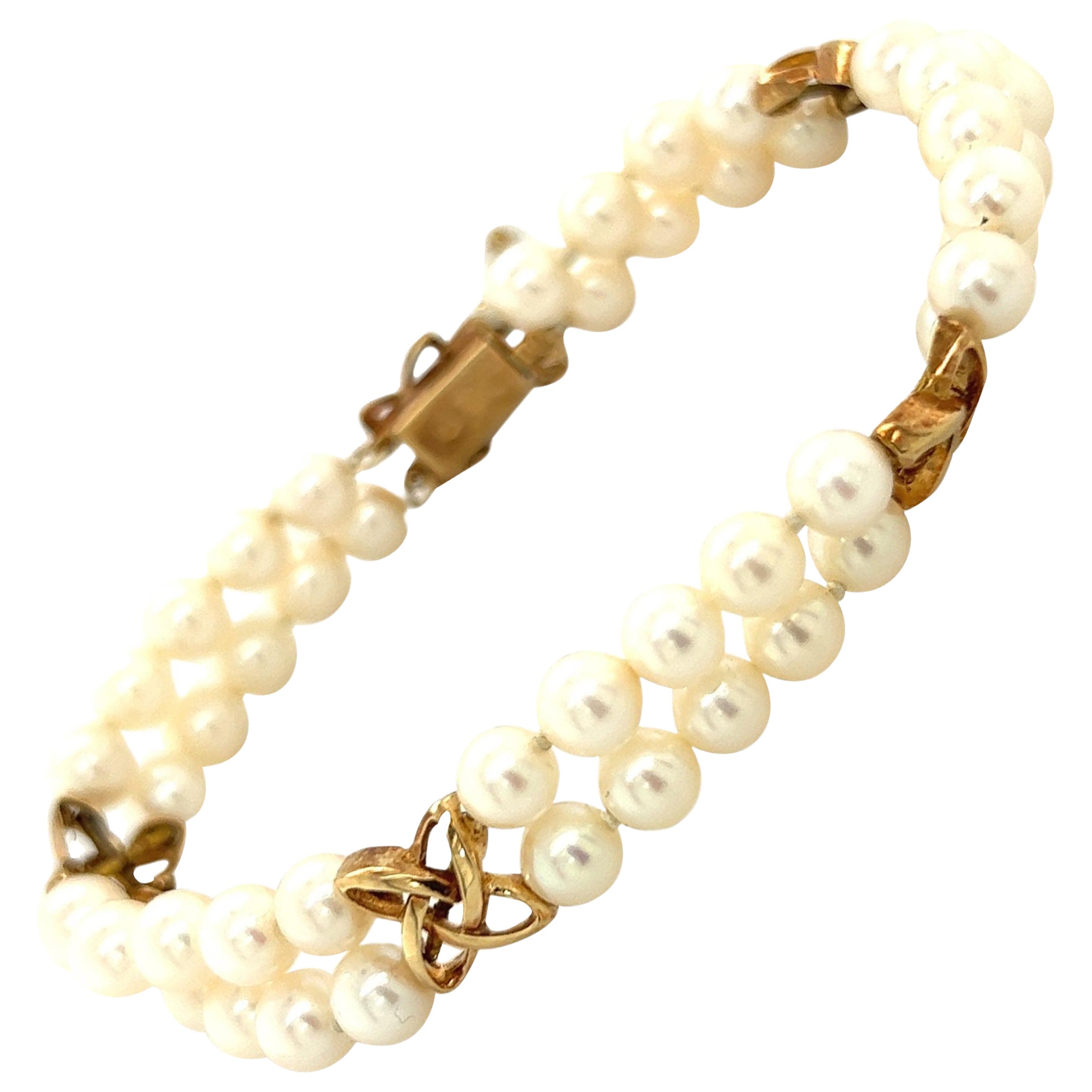 Mikimoto Estate Akoya Pearl Double Strand Bracelet 14k Gold For Sale