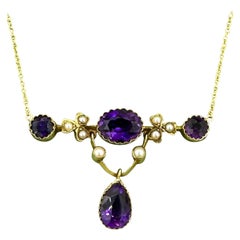 Art Nouveau Siberian Amethyst Pearl Necklace Clover Flower Antique 14 Karat Gold