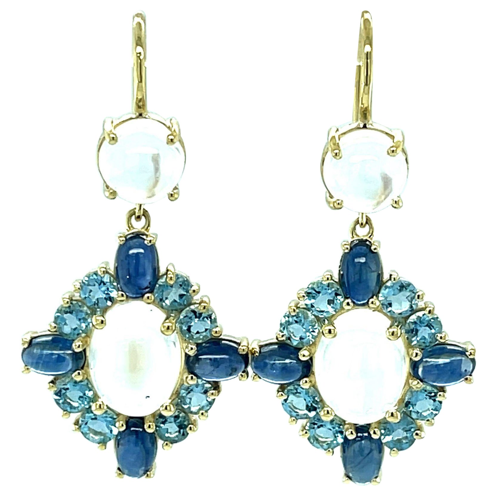 Moonstone, Aquamarine, and Sapphire Dangle Earrings in Yellow Gold