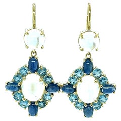 Moonstone, Aquamarine, and Sapphire Dangle Earrings in Yellow Gold