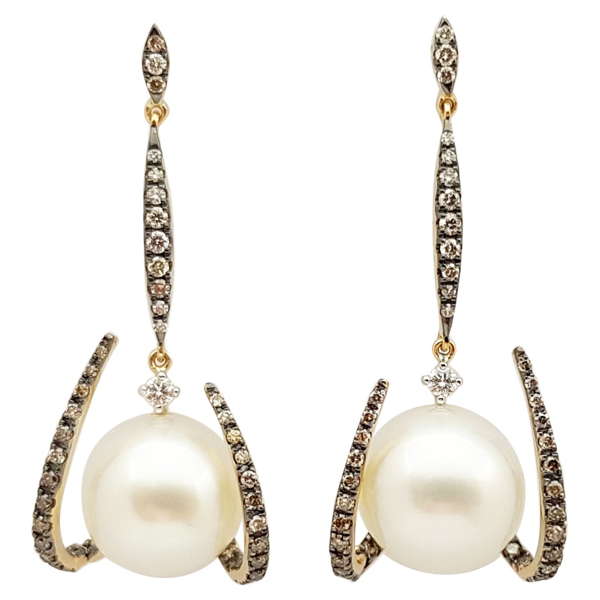 South Sea Pearl with Brown Diamond and Diamond Earrings in 18k Gold Settings For Sale