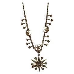 Incredible Victorian 15ct Yellow Gold and Pearls Star & Moon Necklace Pendant