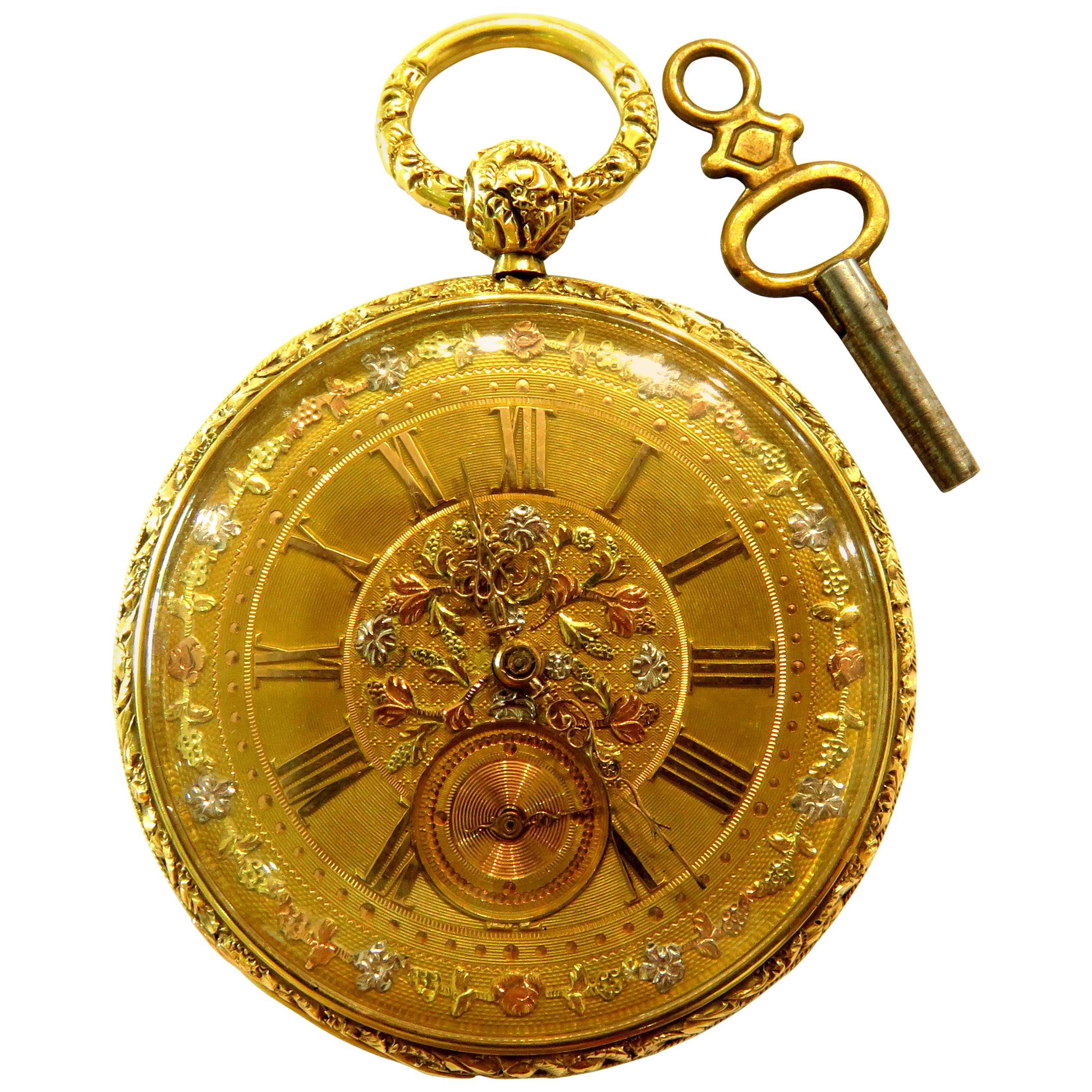 Dramatic French Tricolor Gold Key Wind Pocket Watch Pendant Non-Working 