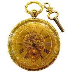 Dramatic French Tricolor Gold Key Wind Pocket Watch Pendant Non-Working 