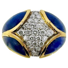 Vintage Late-20th Century 18k Yellow Gold, Lapis-Lazuli and Diamond Fashion Ring