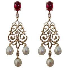 Cabochon Rubelite Tourmaline Diamond Pearl Filigree Dangle Earrings 5