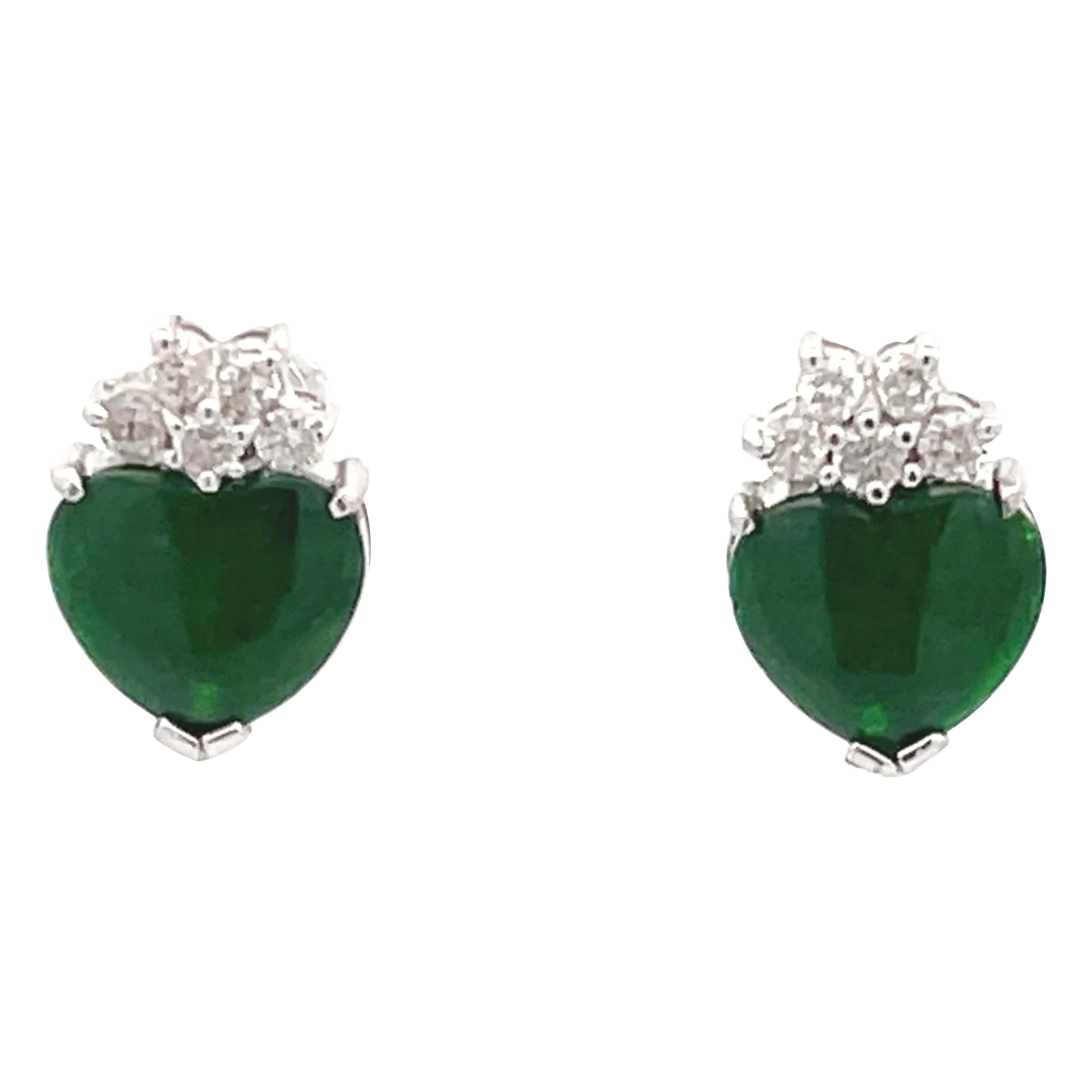 Imperial Jade Heart and Diamond Stud Earrings in 18k White Gold For Sale