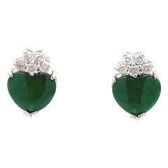 Imperial Jade Heart and Diamond Stud Earrings in 18k White Gold