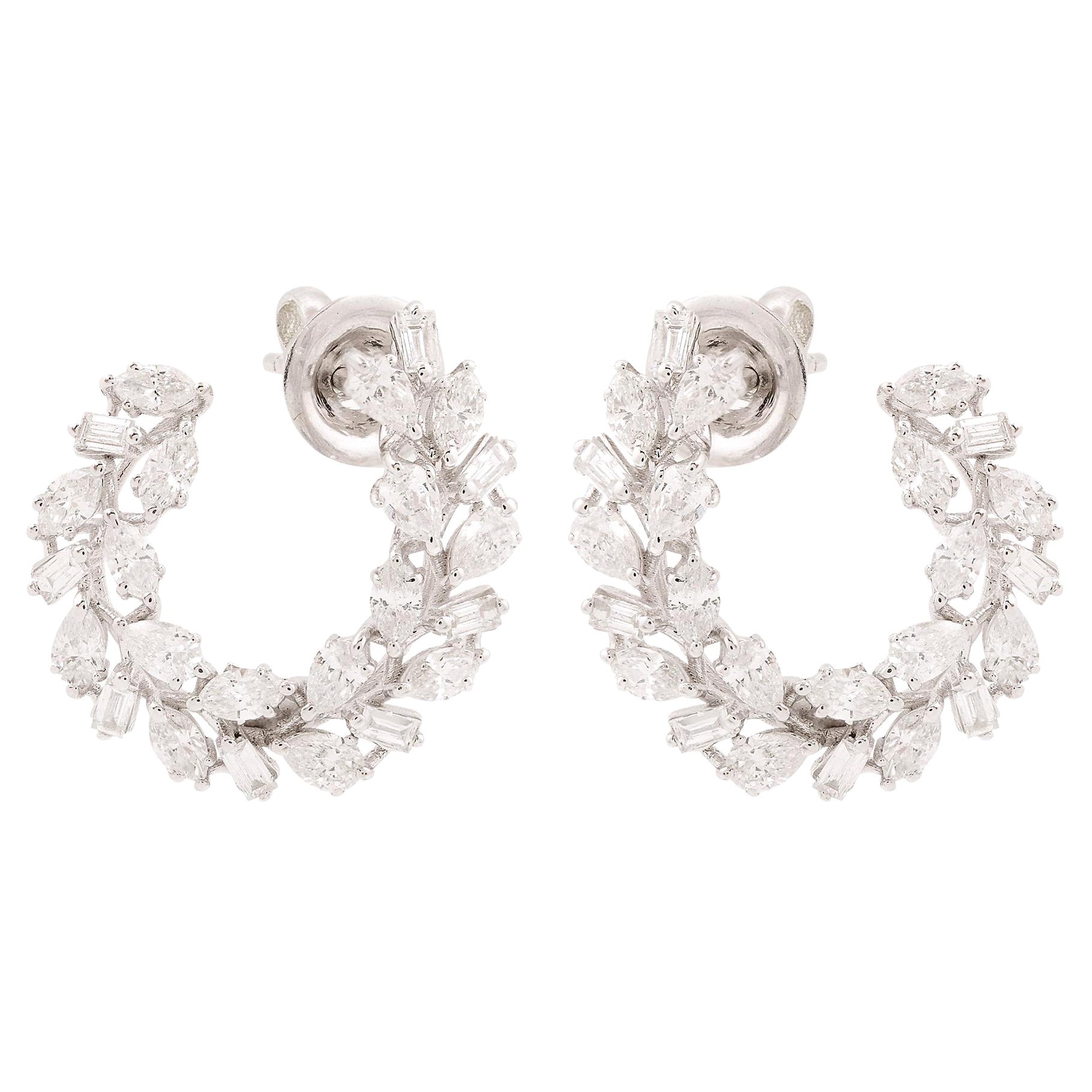 2.50 Carat Marquise Baguette Diamond Hoop Earrings 14 Karat White Gold Jewelry For Sale