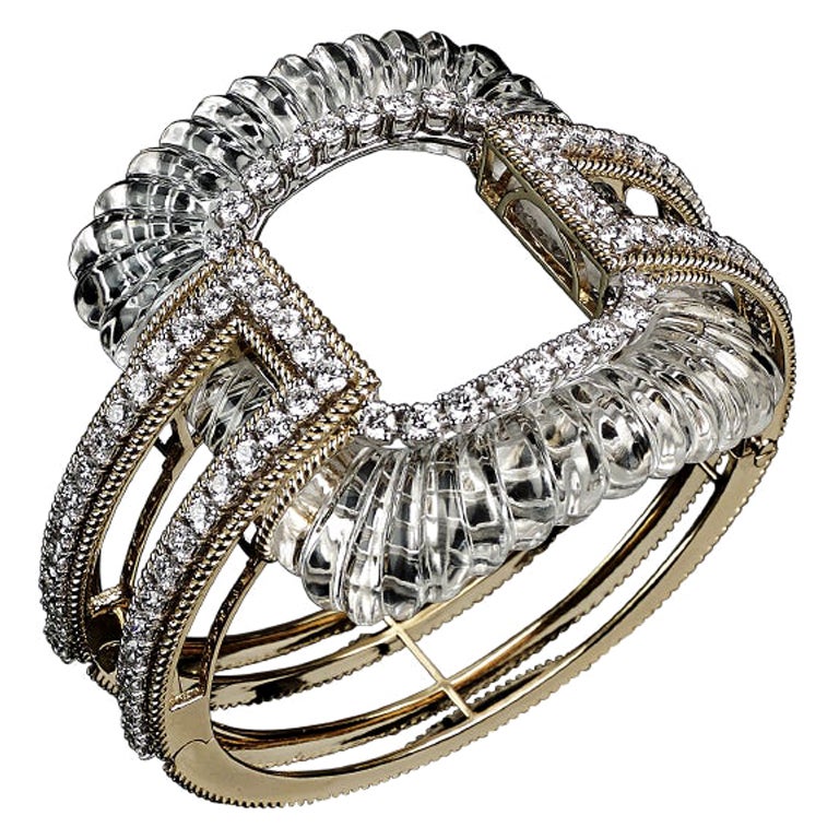Veschetti 18 Kt Yellow and White Gold, Rock Crystal and Diamond Bracelet For Sale