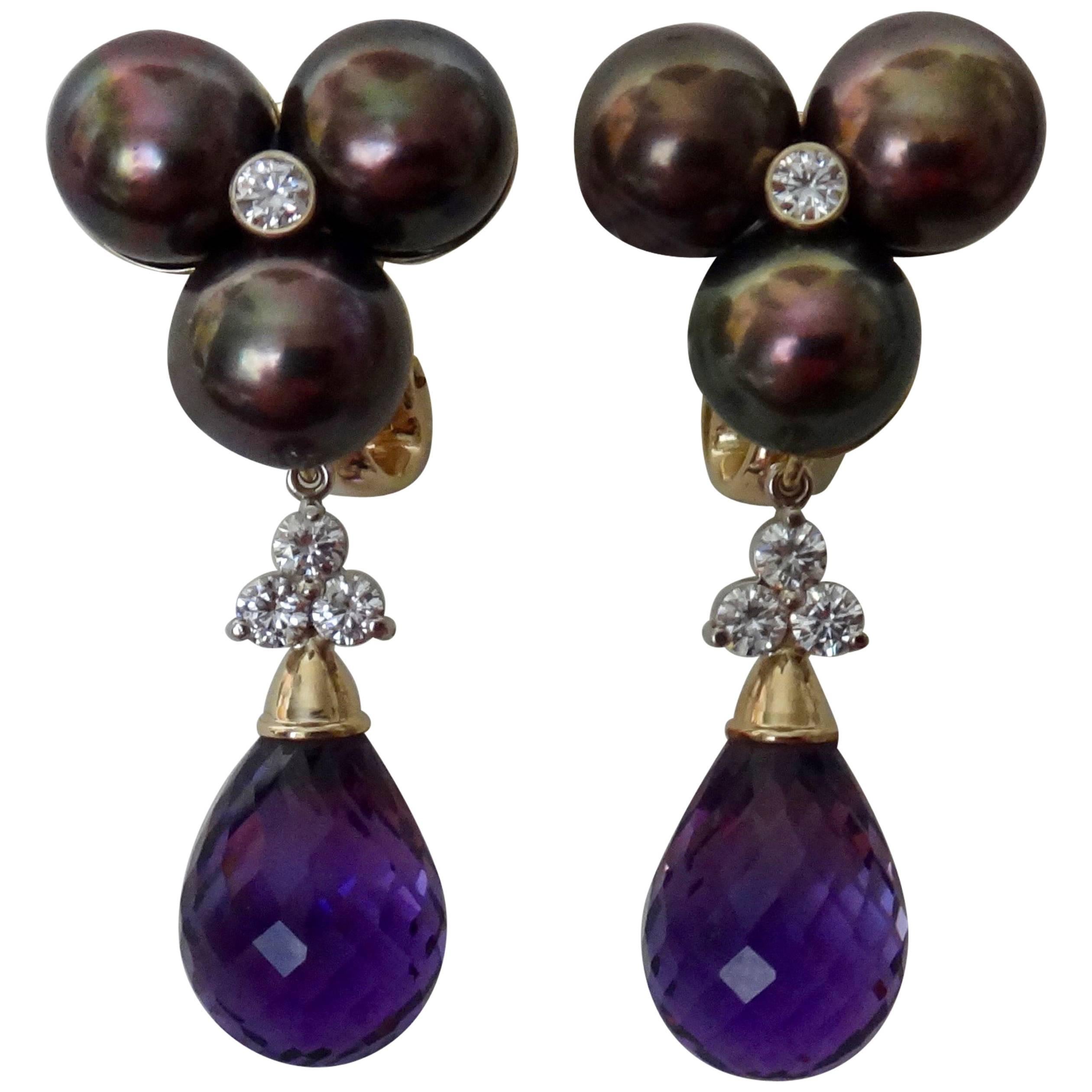 Michael Kneebone Black Pearl Diamond Amethyst Briolette Drop Earrings