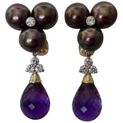 Michael Kneebone Black Pearl Diamond Amethyst Briolette Drop Earrings