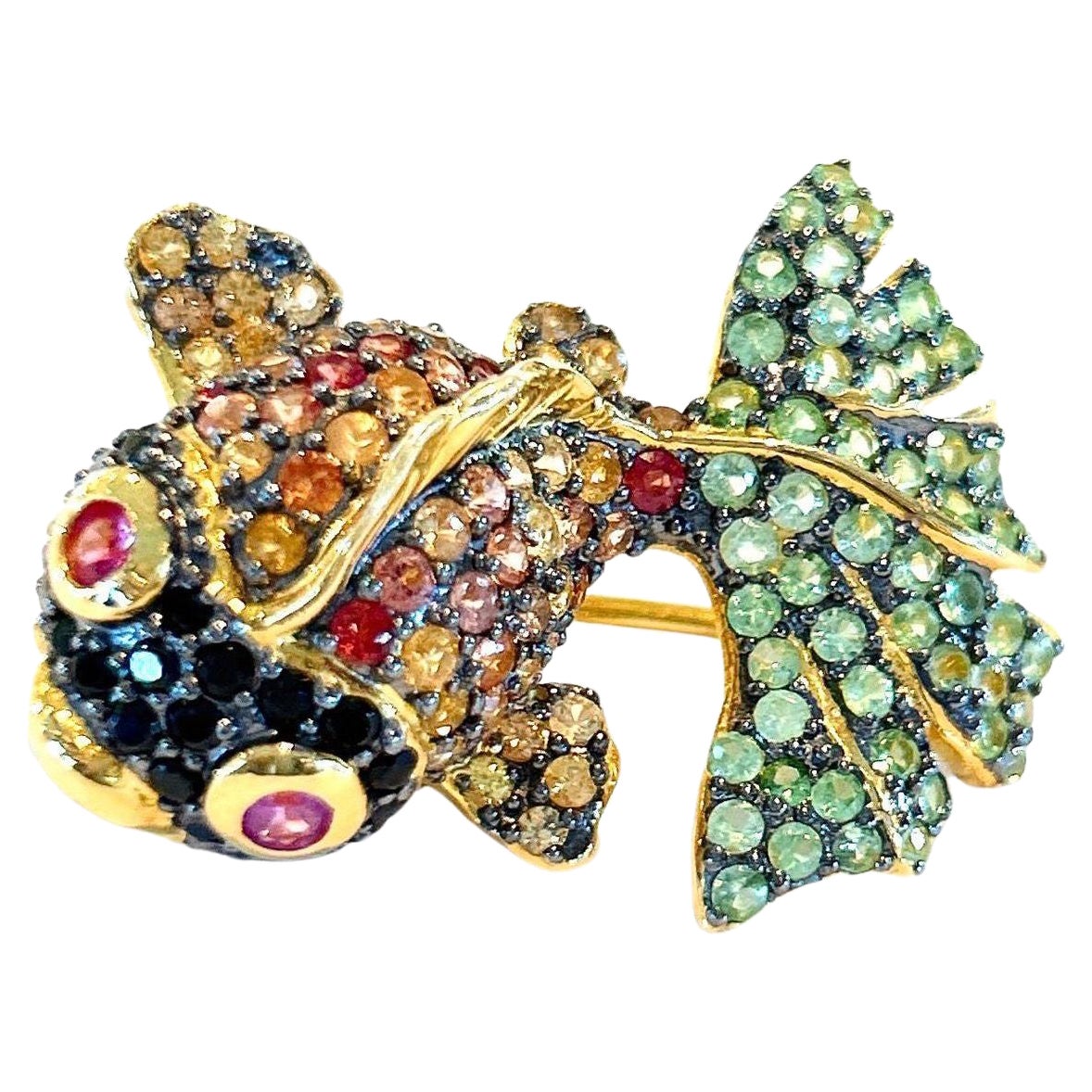 Bochic “Orient” Multi Color Fancy Color Sapphire Brooch Set in 22k Gold & Silver