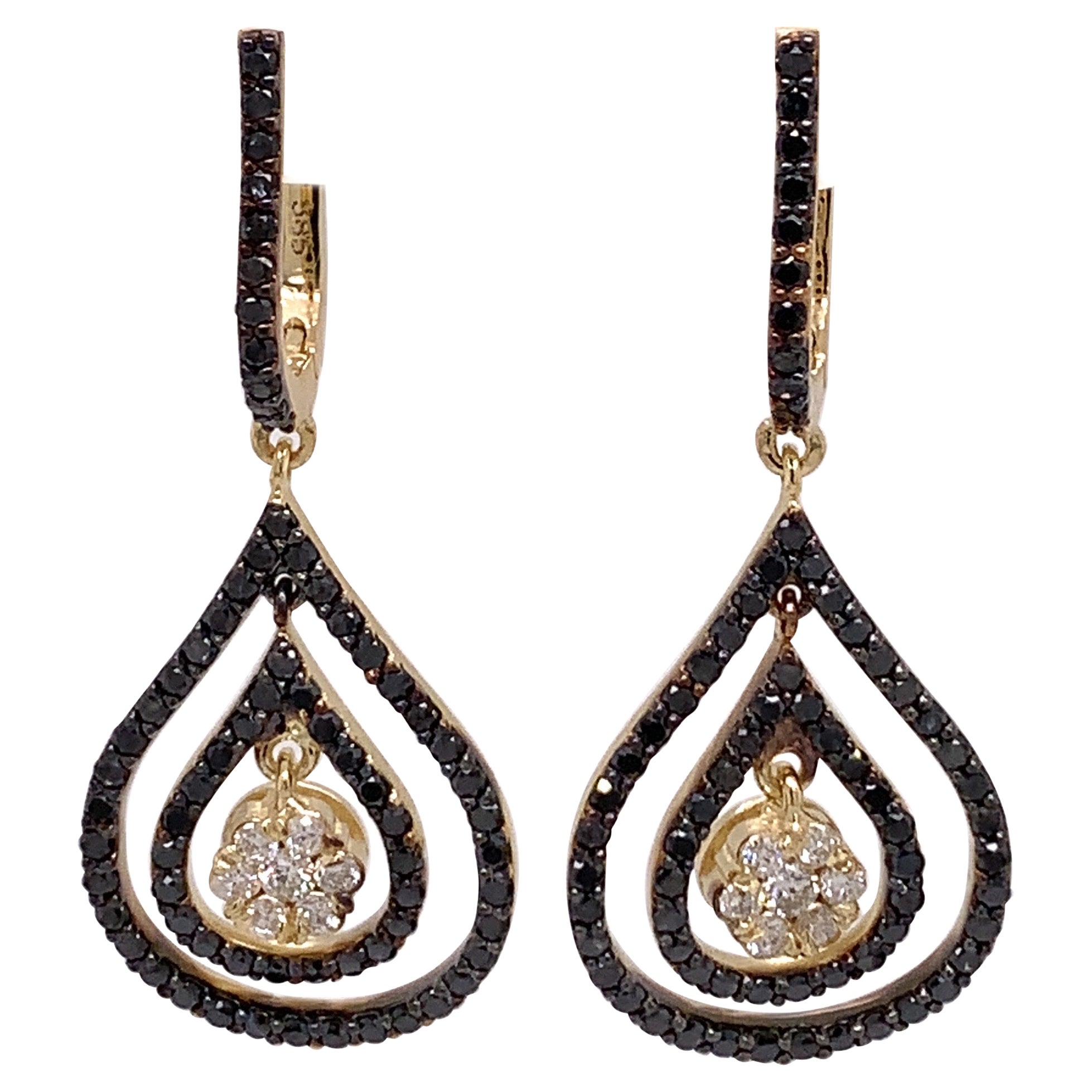 1.53 Carat Black & White Diamonds Dangling Tear Drop Earnings  For Sale