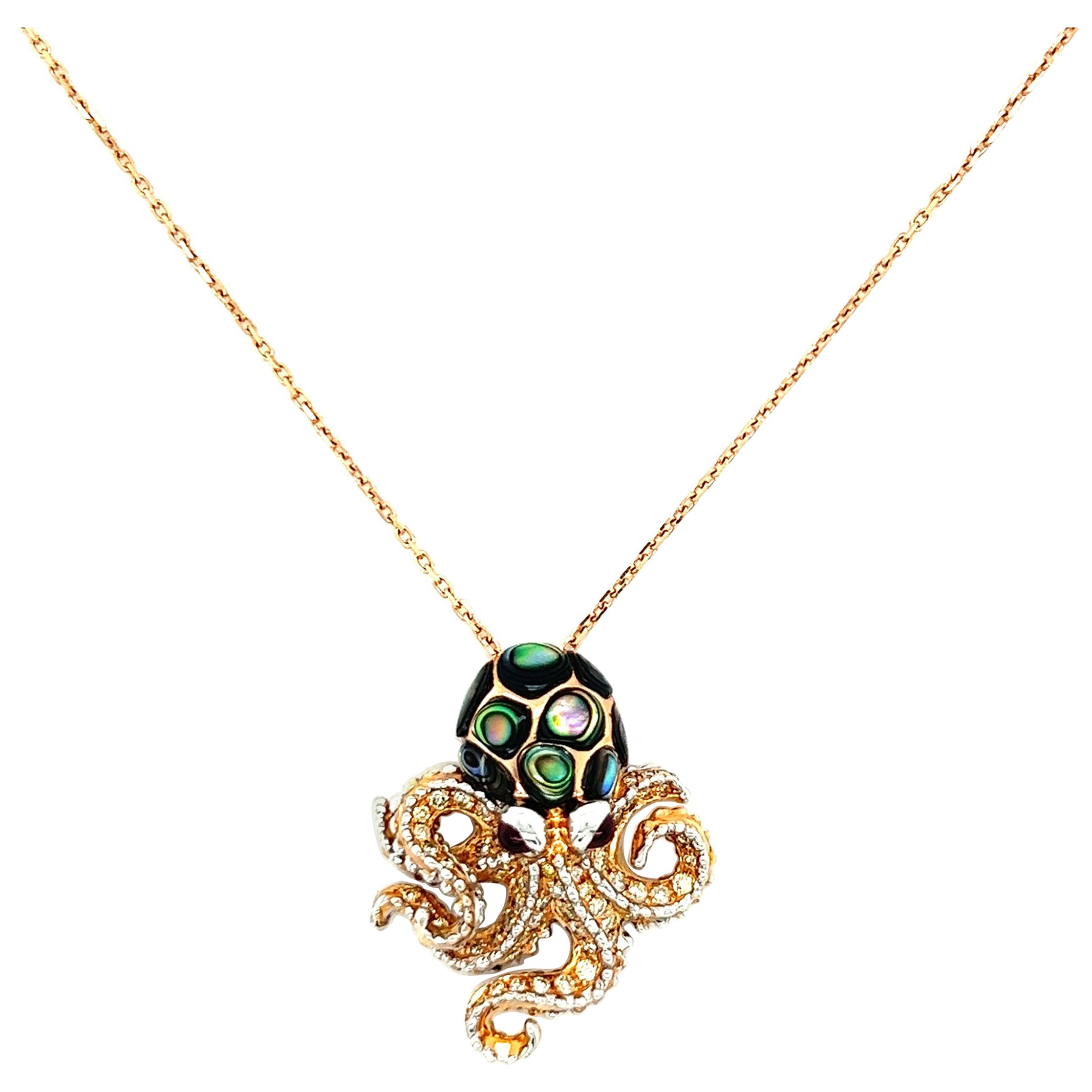 18 K Rose Gold Abalone Shell Diamonds Octopus Pendant Necklace For Sale