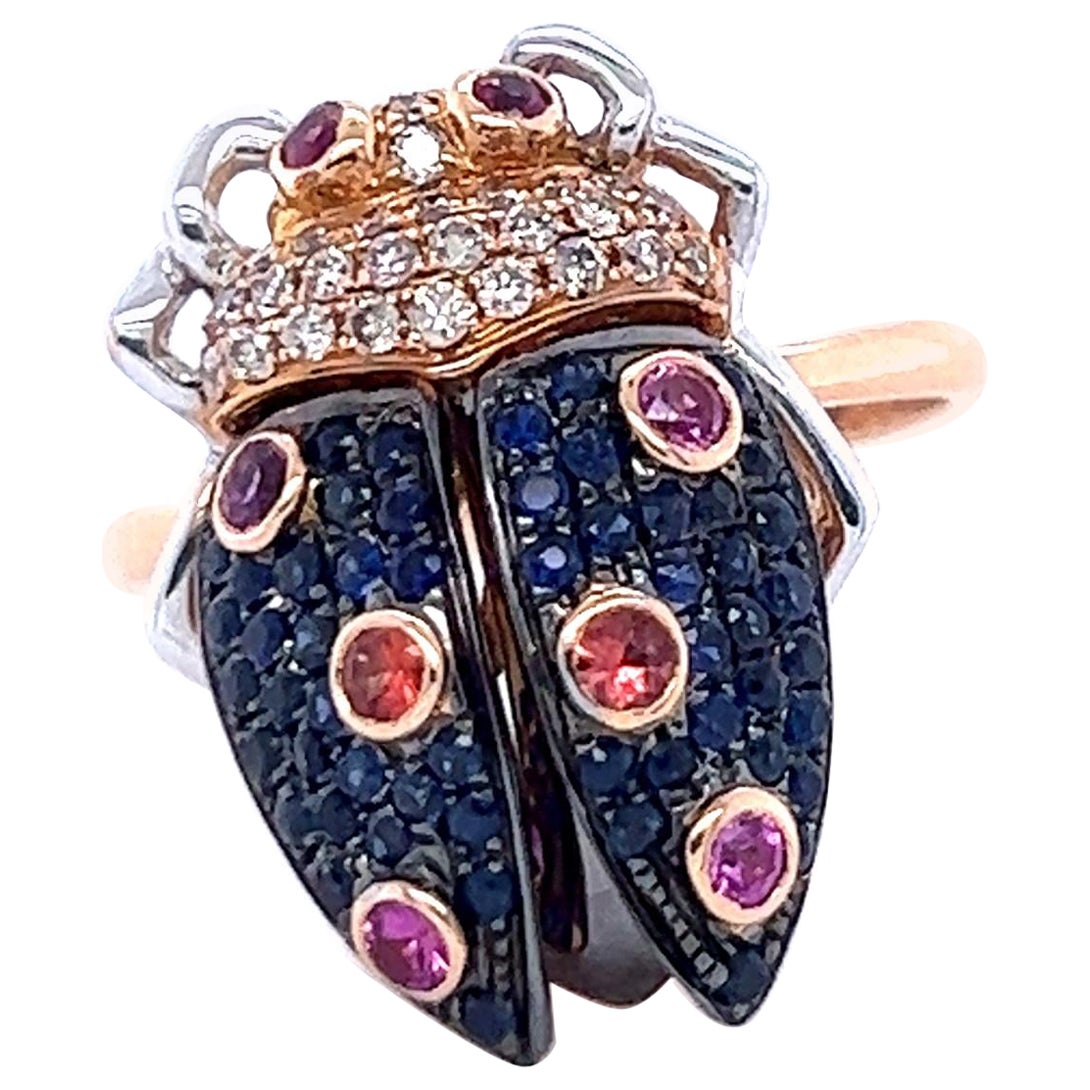 18 K Rose Gold Brown Diamonds & Blue Sapphires Ladybug Ring For Sale