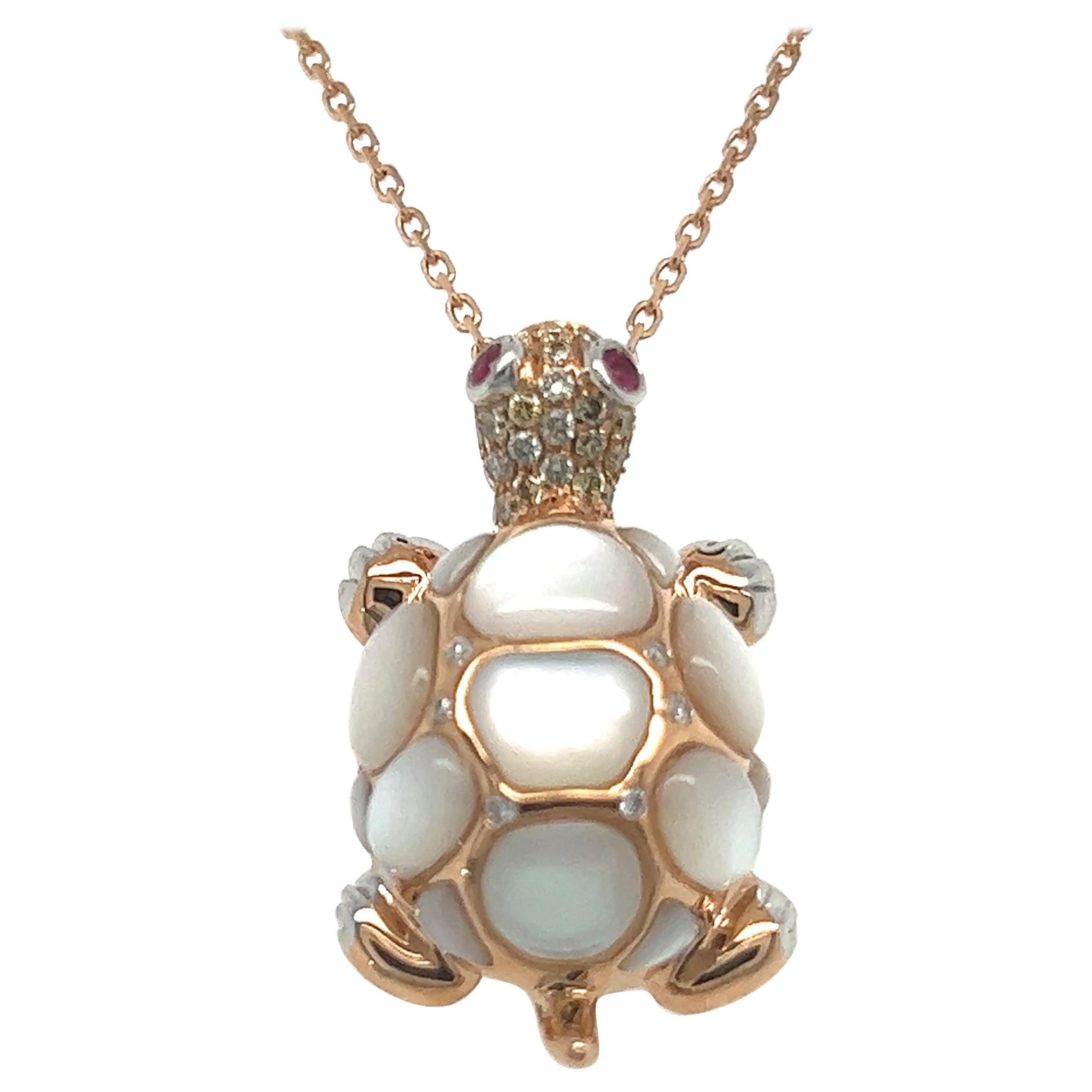 18k Rose Gold White Shell & Fancy Diamonds Tortoise Necklace For Sale