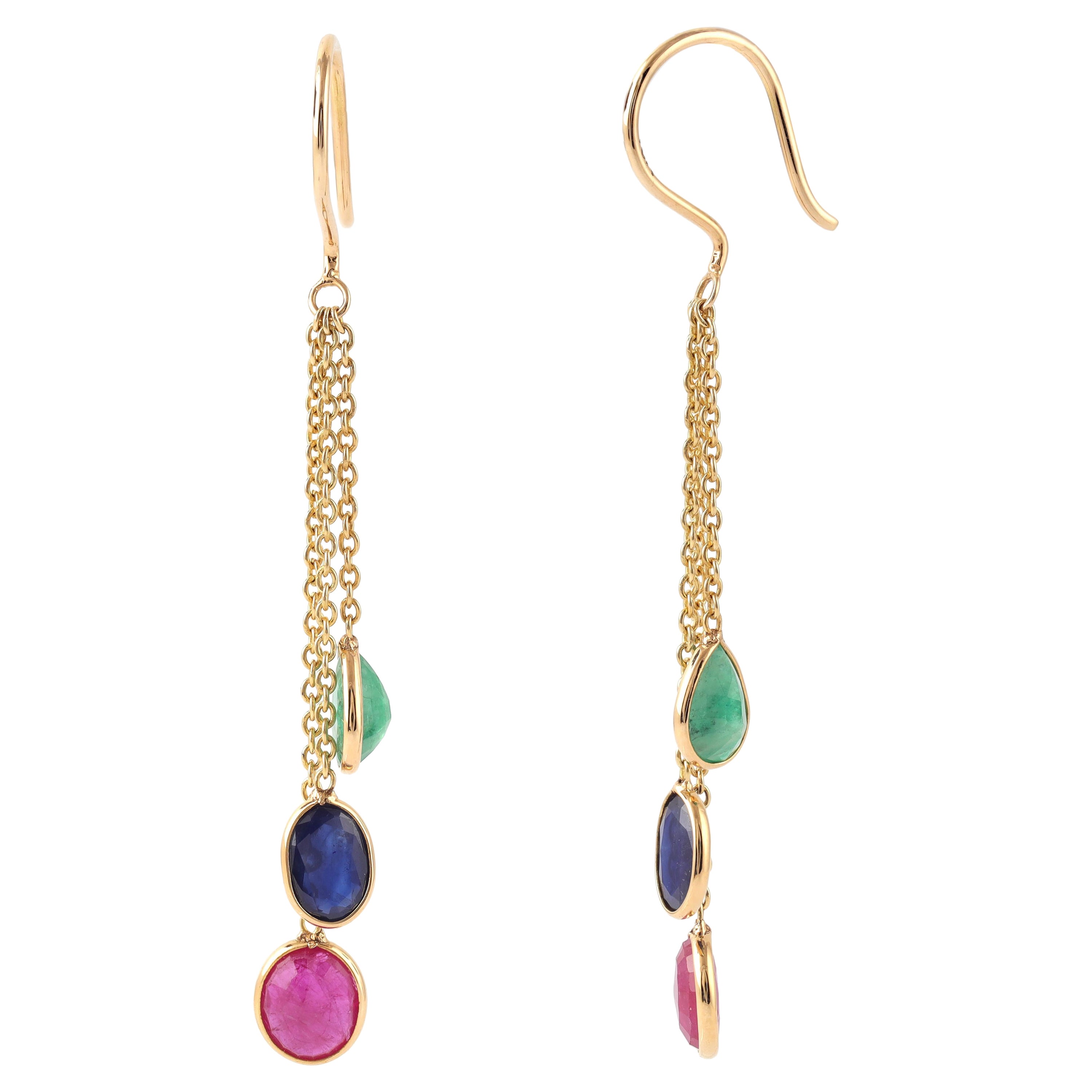 2.85 Carat Emerald Ruby Sapphire in 18 Karat Gold Loop Earrings For Sale