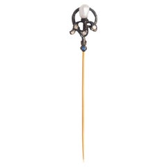 Alfiler Antiguo Plata Oro Perla Diamante